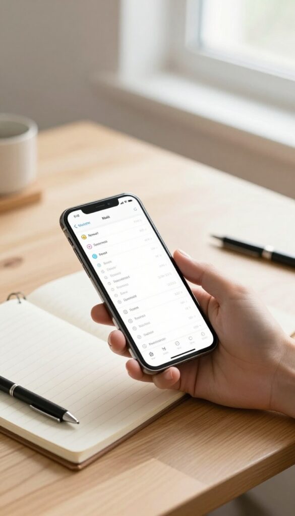 Person using a 24-hour rule for non-essential purchases, writing down impulse buys in a notebook or phone app.
