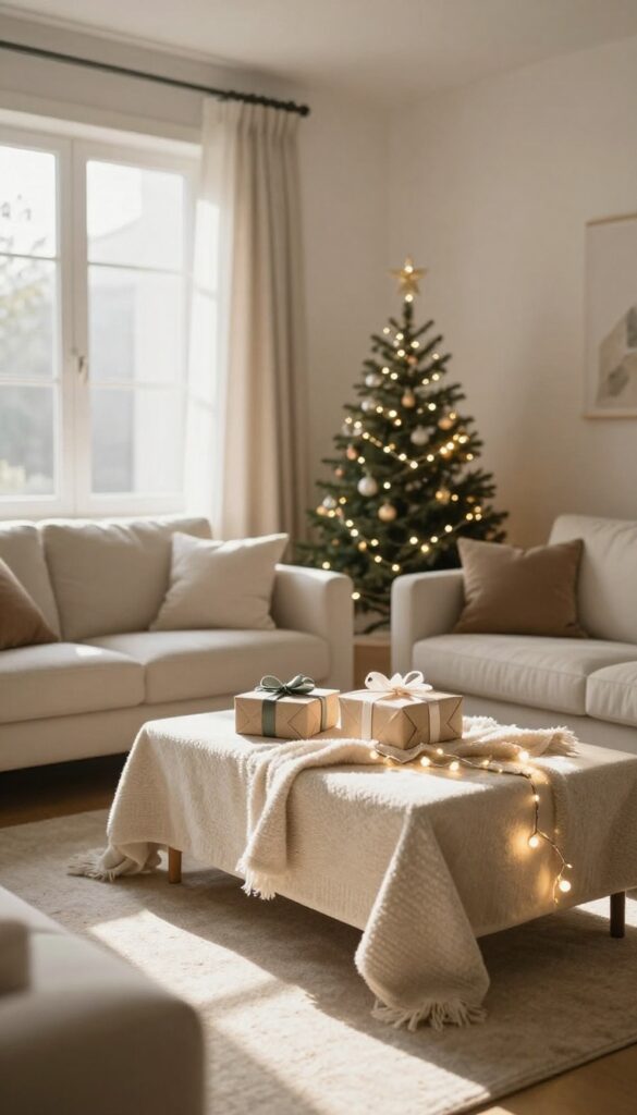 Cozy living room with a wrapped holiday gift on a coffee table, fairy lights, and soft natural light.