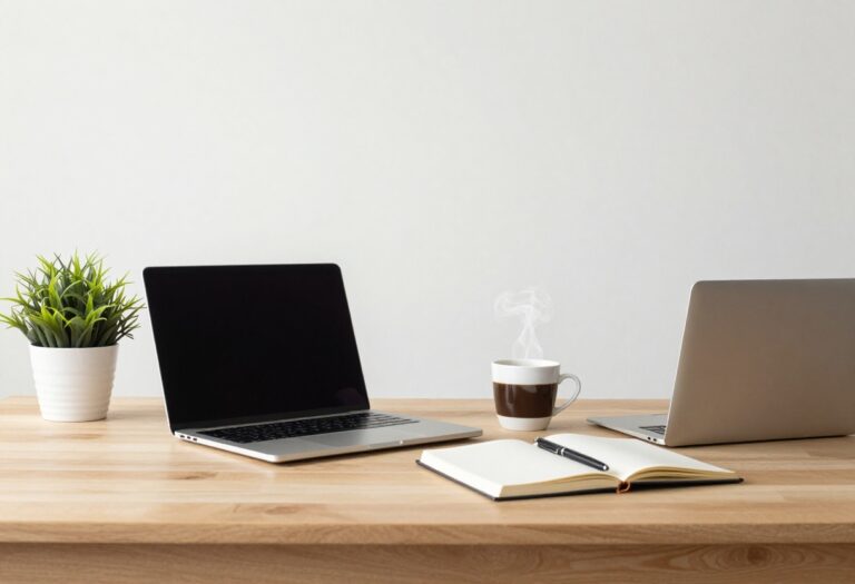 A person reviewing a monthly budget on a laptop with a notebook and calculator on a desk.