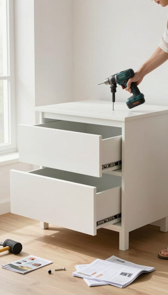 Person assembling flat-pack furniture with tools in a bright living room