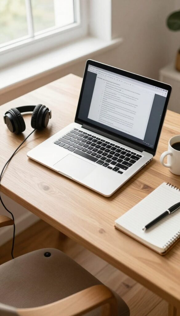 Overhead view of a laptop, headphones, foot pedal, coffee mug, and notebook on a wooden desk in natural light.