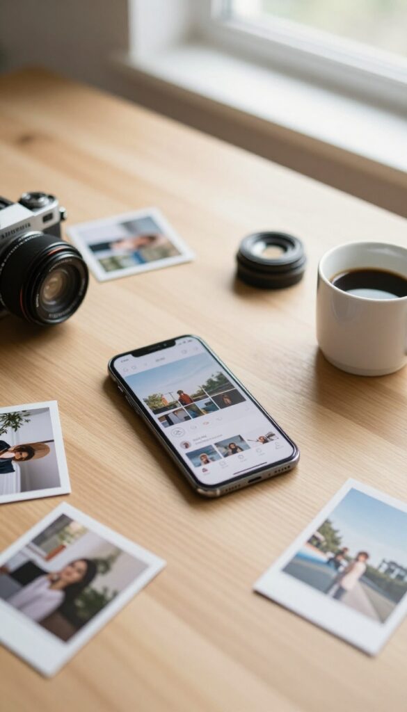 Overhead view of a smartphone, camera lens, coffee cup, and printed photos on a wooden table in natural light.