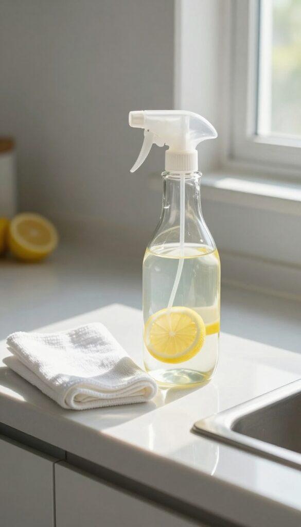 Glass spray bottle with lemon slices and vinegar solution on a clean kitchen countertop next to a microfiber cloth