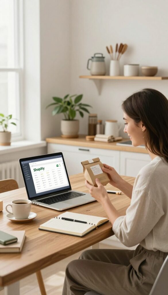 Woman working from home on a dropshipping business with laptop and product samples on desk