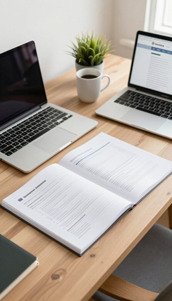 A person reviewing insurance policies on a laptop with documents and a coffee cup on a desk.