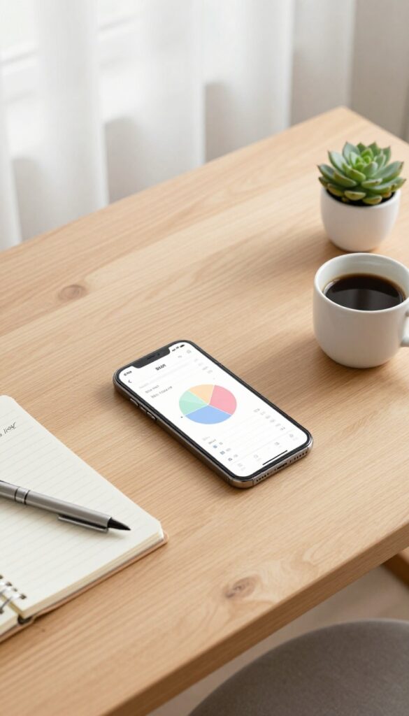 A flat lay of a smartphone displaying a budget pie chart, a notebook with percentage notes, a pen, coffee, and a succulent on a wooden desk.