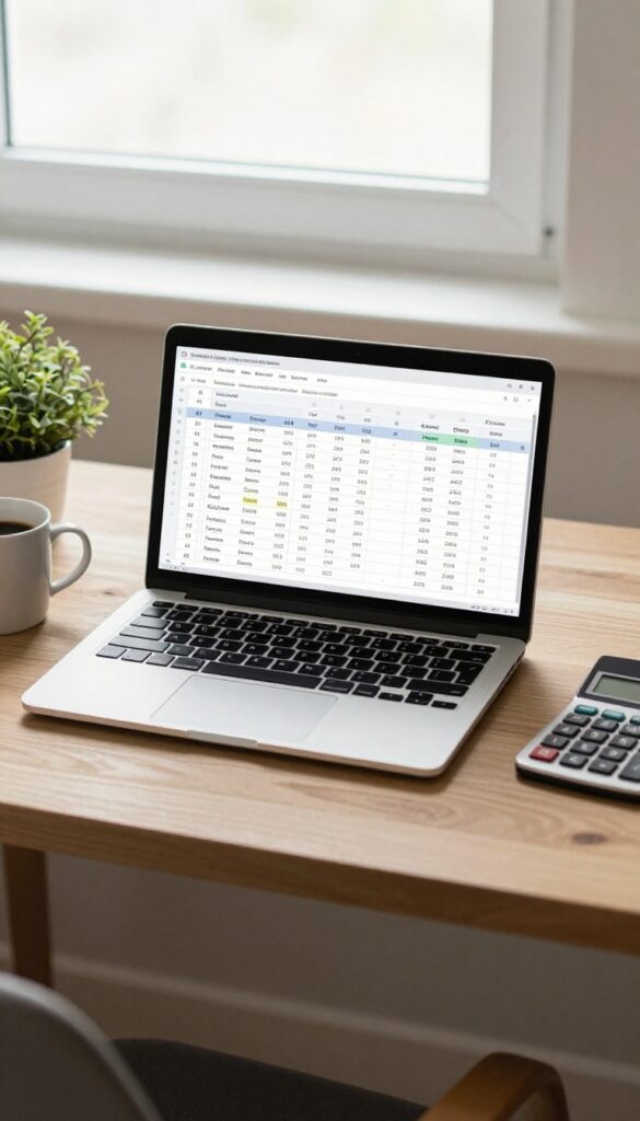 A desk with a laptop displaying a budget spreadsheet, calculator, coffee mug, and plant in natural light.