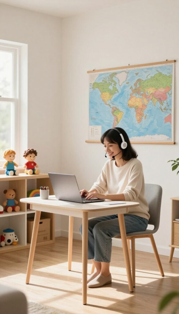 Woman teaching English online from her living room desk with a headset and laptop