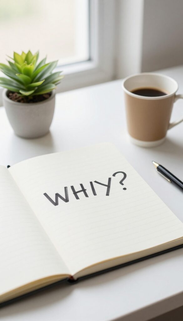 A notebook on a desk with the word 'WHY' written inside, coffee cup and plant nearby, natural light, photorealistic