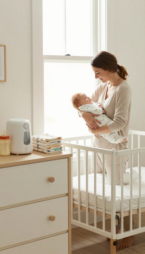 Peaceful nursery scene with mother holding sleeping baby, organized baby gear on dresser, soft natural light.