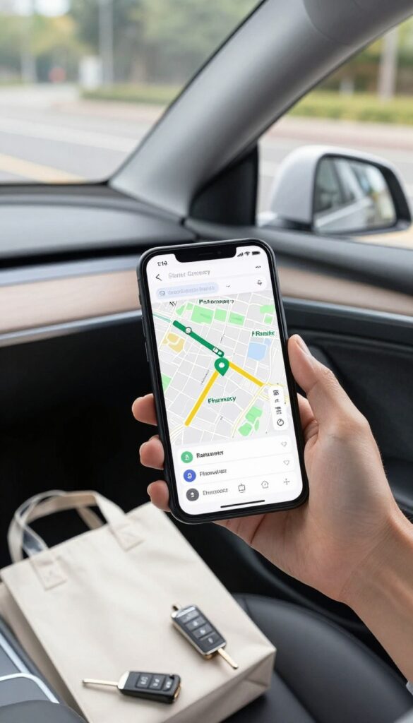 Person planning a fuel-efficient errand route on a smartphone in a car