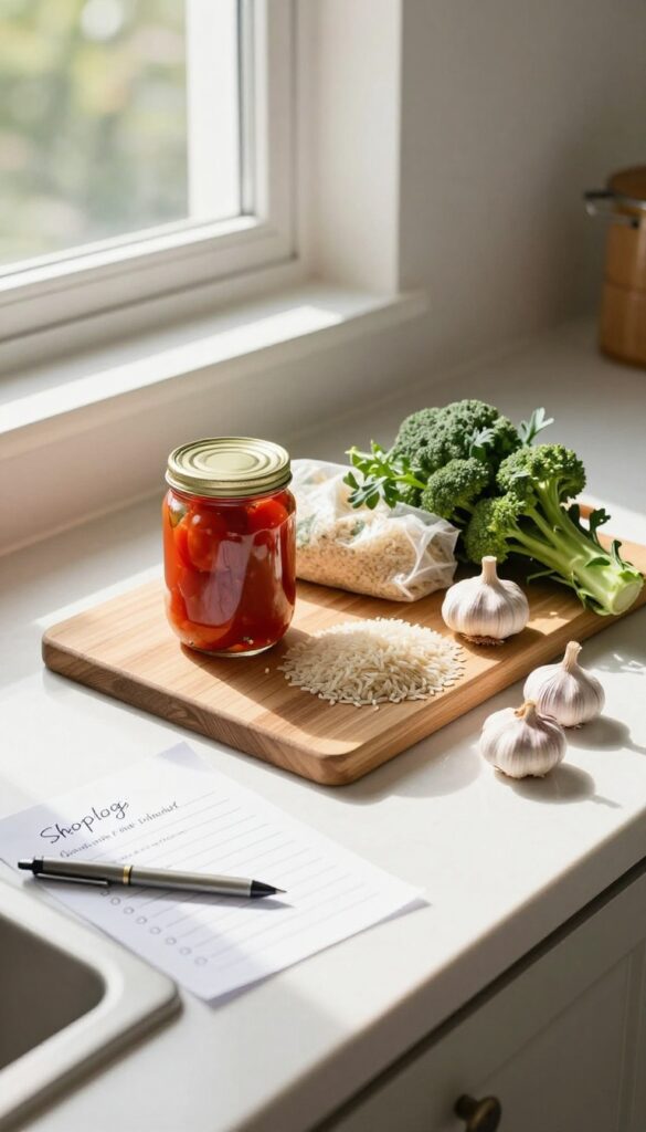Open pantry and kitchen counter with canned tomatoes, rice, broccoli, and a shopping list, emphasizing shopping your pantry first.
