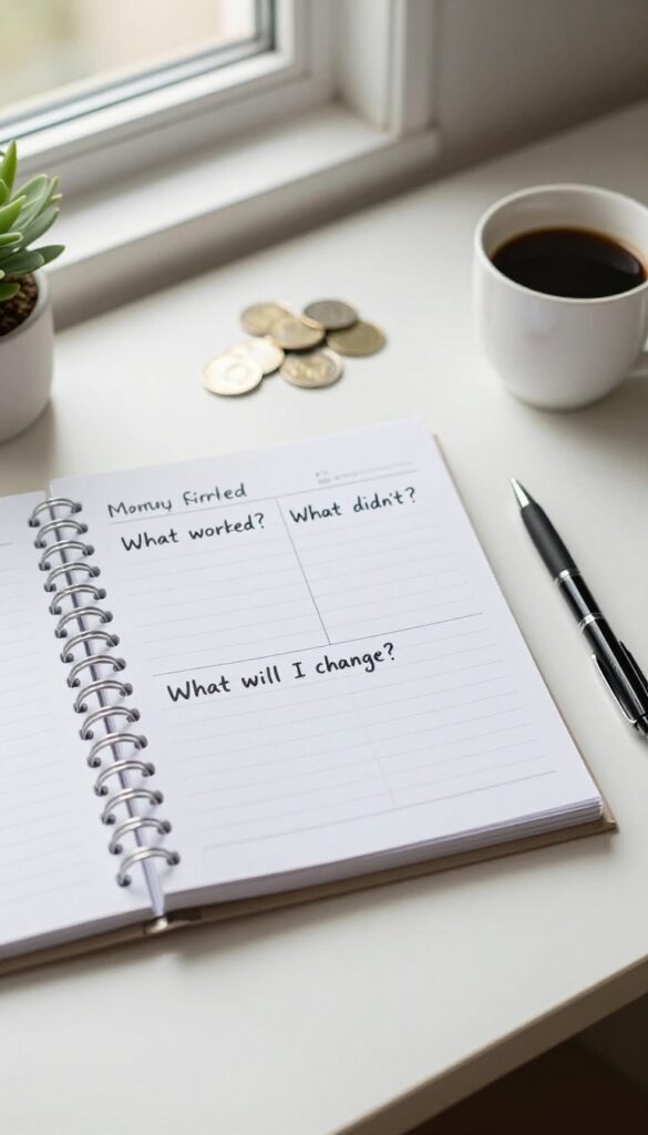 Open budget binder with monthly reflection sheet on a desk, pen and coffee nearby, soft natural light.