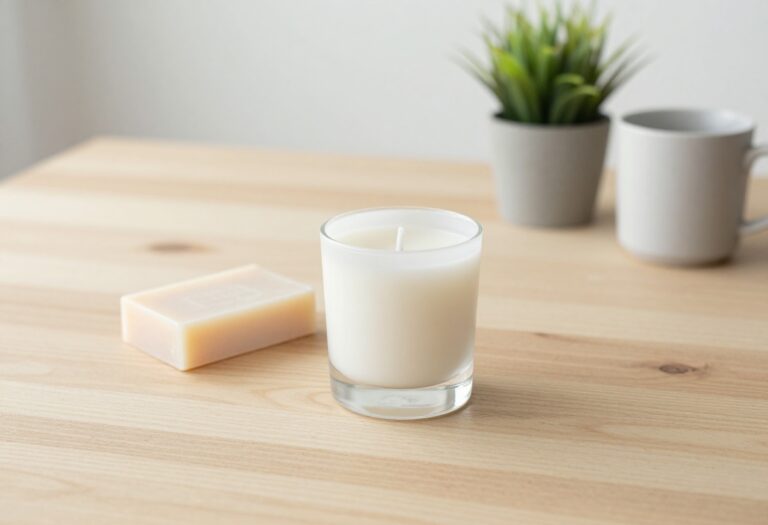 Handmade products including a candle, soap, and mug on a wooden table in a bright workspace.