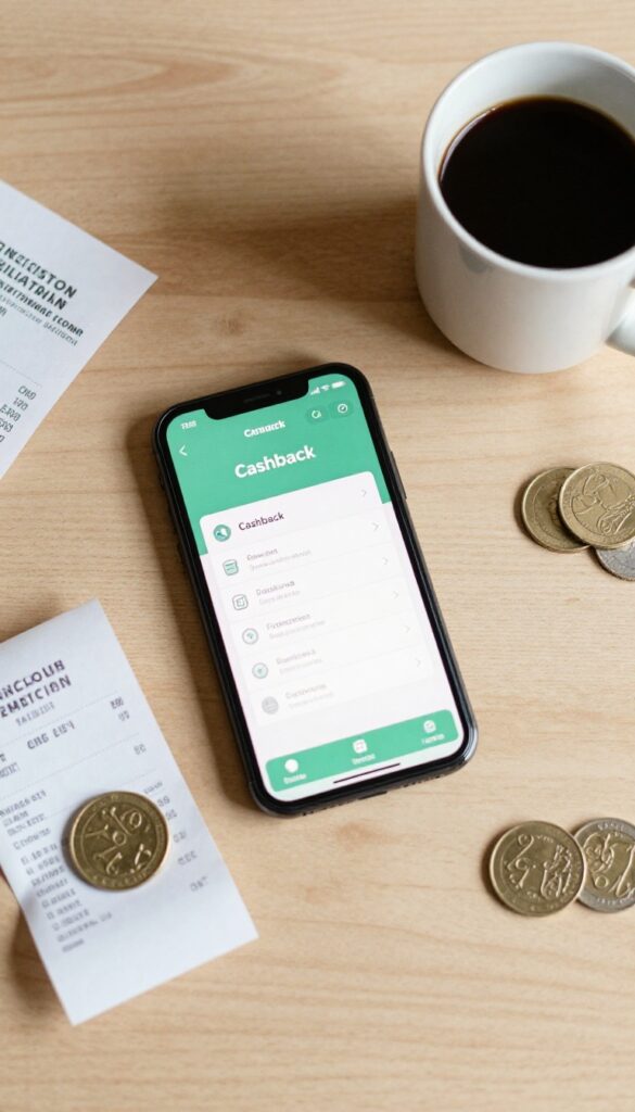 Flat lay of smartphone showing cashback app with receipt, coins, and gift card on wooden desk