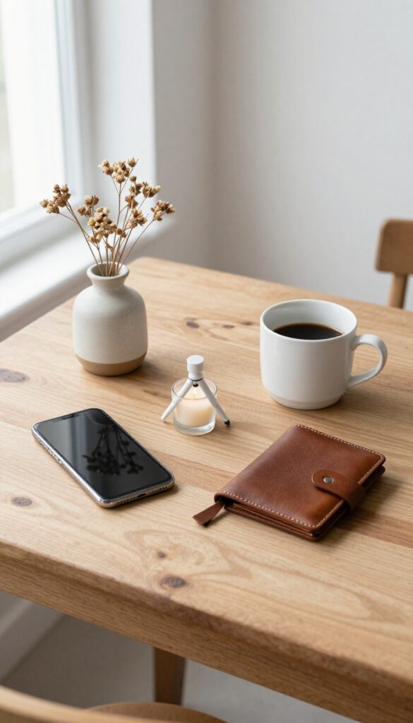 Flat lay of e-commerce product photography setup with smartphone on tripod, ceramic vase, coffee mug, leather wallet, and candle on rustic wooden table, soft natural light.