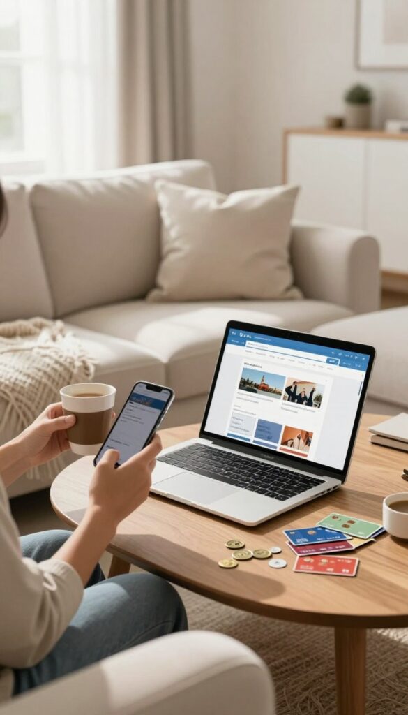 Person relaxing on sofa with smartphone and laptop showing survey website, gift cards and coins on coffee table, bright natural light, cozy living room.