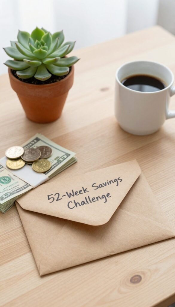 A savings challenge envelope on a desk with cash, coins, and a succulent in natural light.