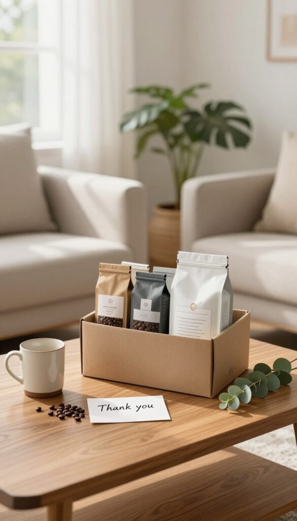 Open subscription box on a coffee table with coffee, mug, and eucalyptus in bright natural light