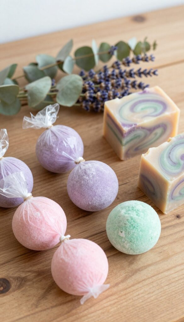 Handmade bath bombs and soaps on a rustic wooden table with dried lavender and eucalyptus, bright natural light, photorealistic overhead shot.