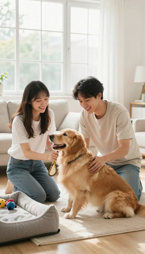 Couple pet sitting a golden retriever in a bright living room