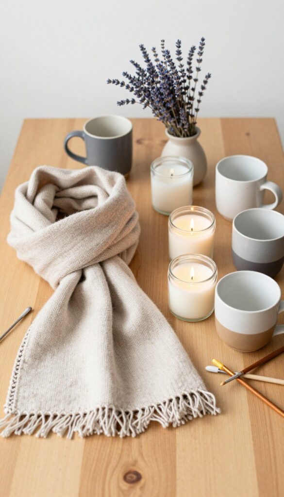 Flat lay of handmade crafts including knitted scarf, candles, painted mugs, and lavender on a wooden table.