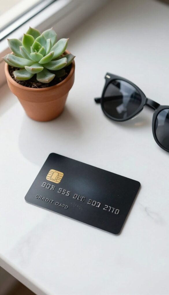 Credit card on marble surface with succulent and sunglasses