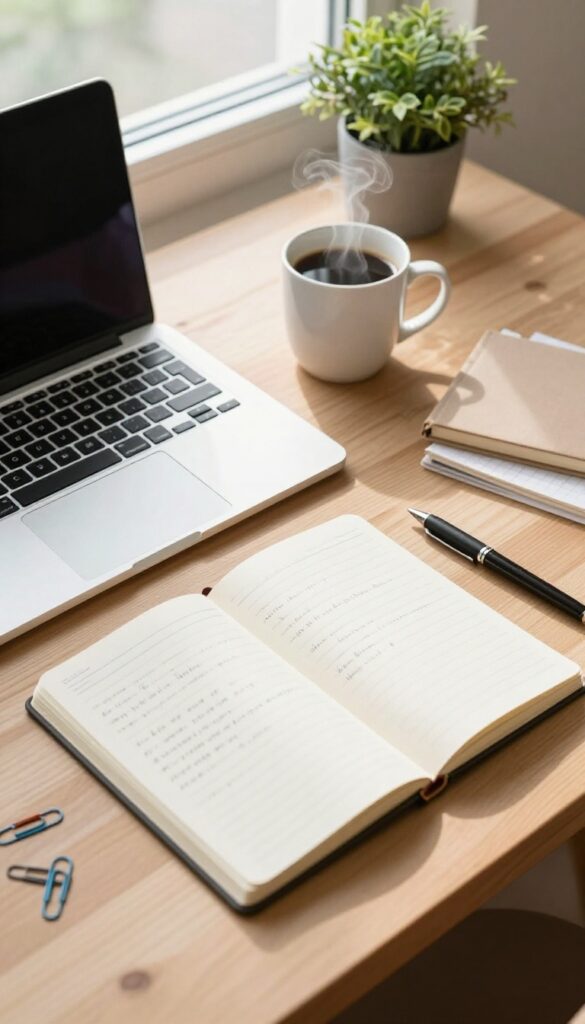 A cozy desk setup with a laptop, coffee, notebook, and pen, representing freelance writing