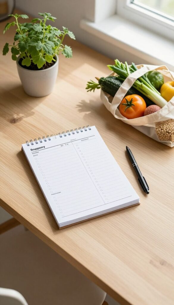 Weekly meal planning setup with grocery list and fresh produce on a wooden table