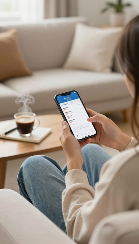 Person doing a weekly budget check-in on phone in cozy living room