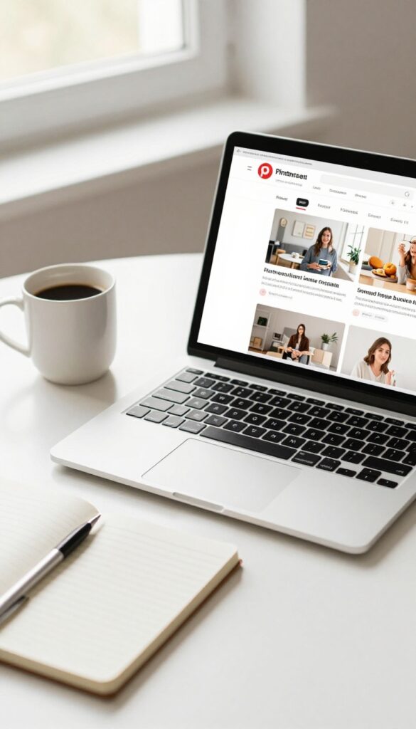 Workspace with laptop showing Pinterest business blog, coffee, and notebook in natural light