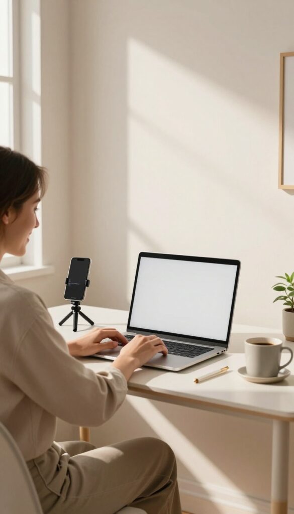 Person working on a laptop in a bright home office with a smartphone on a tripod, creating content for a niche blog or YouTube channel.