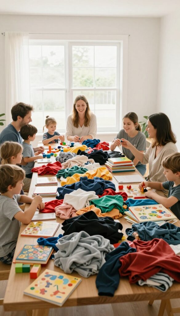 Families gathered around a table swapping clothes, toys, and books at a swap party.