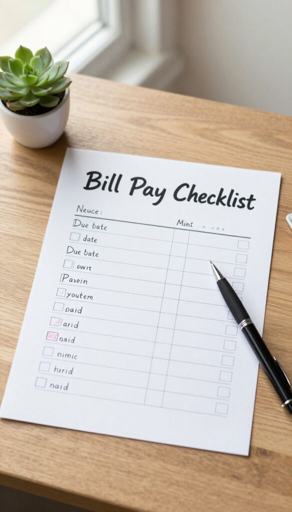 Flat lay of a bill pay checklist on a wooden desk with a pen, paid bills, and a succulent in natural light.