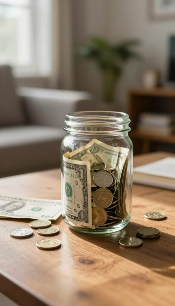 Glass jar filled with cash and coins on a wooden table, representing an emergency fund savings goal.