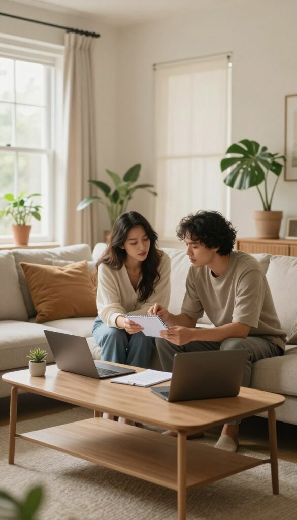 Couple reviewing budget together on a cozy sofa with laptop and planner