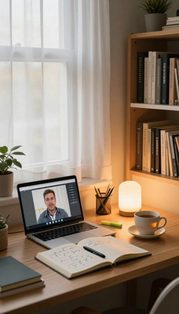 Cozy evening home office with laptop, algebra notes, and warm lighting, perfect for online tutoring.