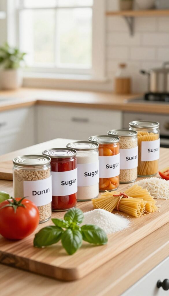 Store-brand pantry staples arranged on a kitchen counter with natural light.