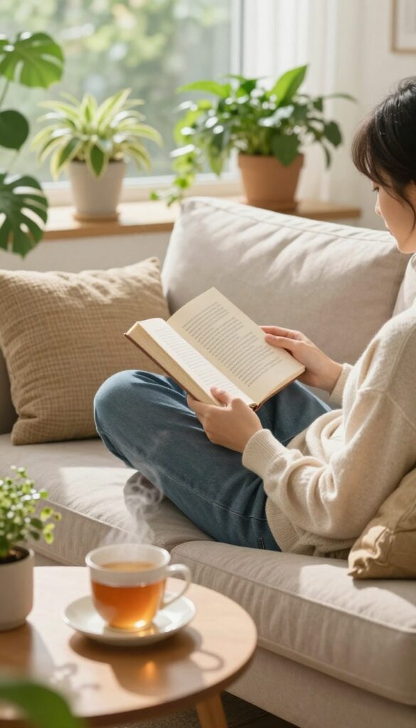 Person reading a book in a cozy living room during a no-spend weekend