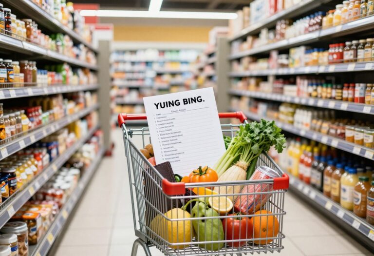 Shopping cart with fresh produce and a wallet and list in foreground, illustrating frugal shopping.