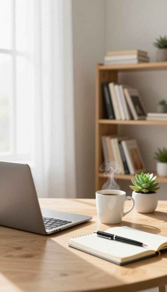 Cozy home office setup with laptop, coffee, and notebook for blogging