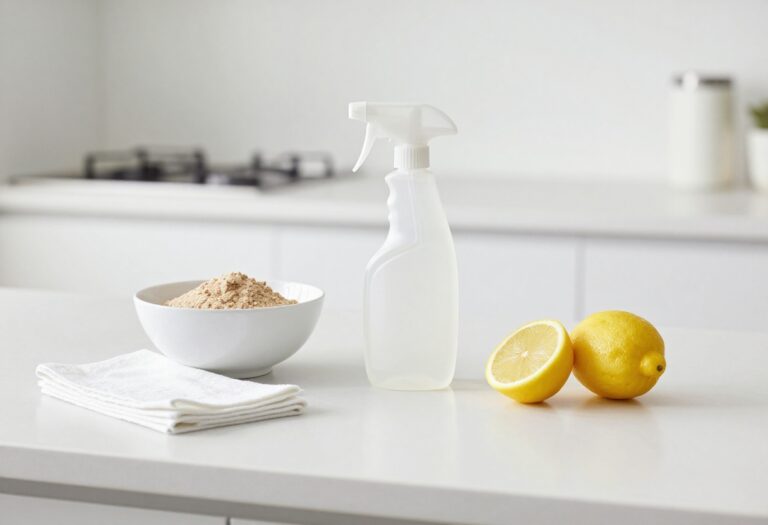 Homemade cleaning supplies on a kitchen counter including vinegar spray, baking soda, lemon, and microfiber cloths.