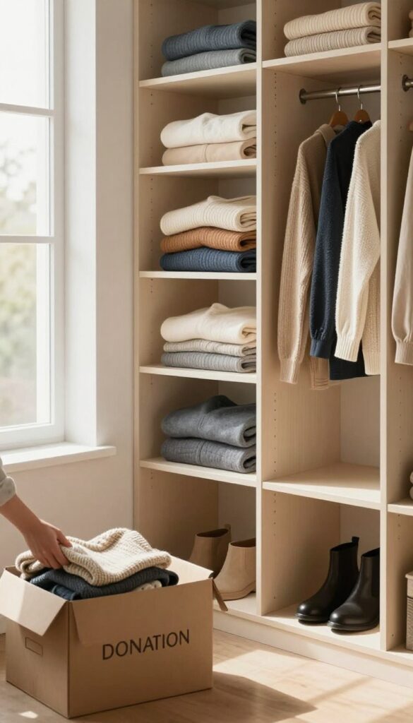 Person using one in one out rule in closet, donating old item while adding new one