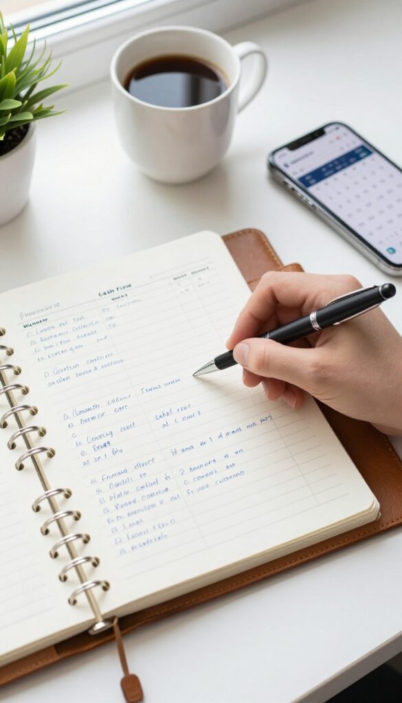 Open notebook with a weekly cash flow worksheet on a desk, pen and coffee cup nearby, bright natural light, clean and organized composition