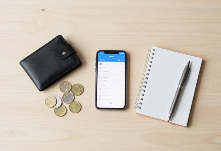 Flat lay of wallet, coins, smartphone with budgeting app, notebook, and pen on wooden table.