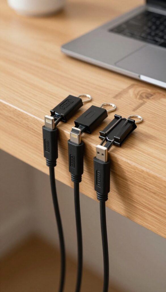 Binder clips attached to desk edge holding charging cables neatly organized.