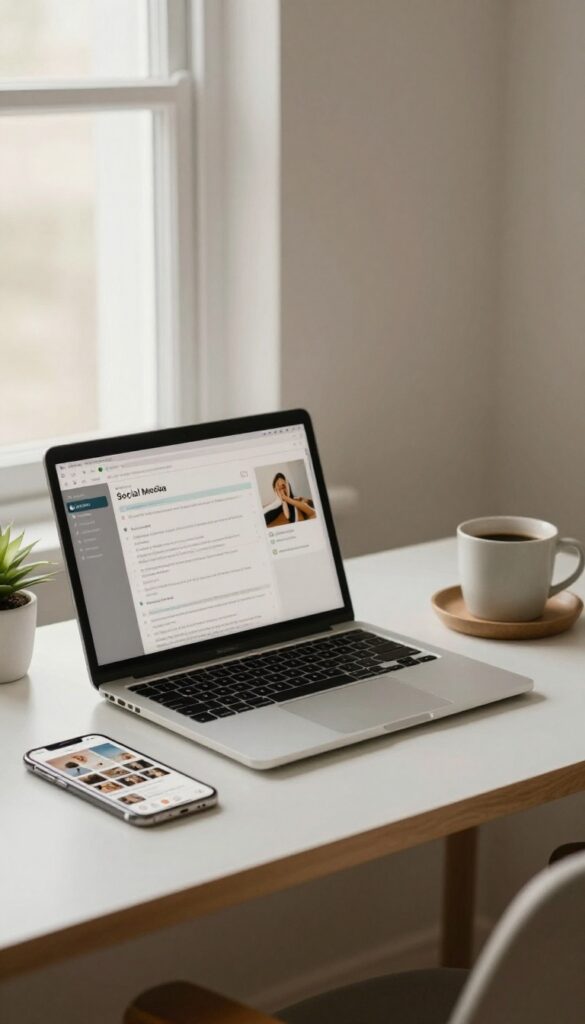 Cozy home office setup with laptop and smartphone displaying social media scheduling tools.