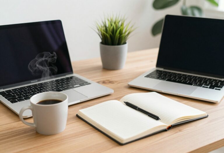Workspace with laptop and coffee, representing online side hustles