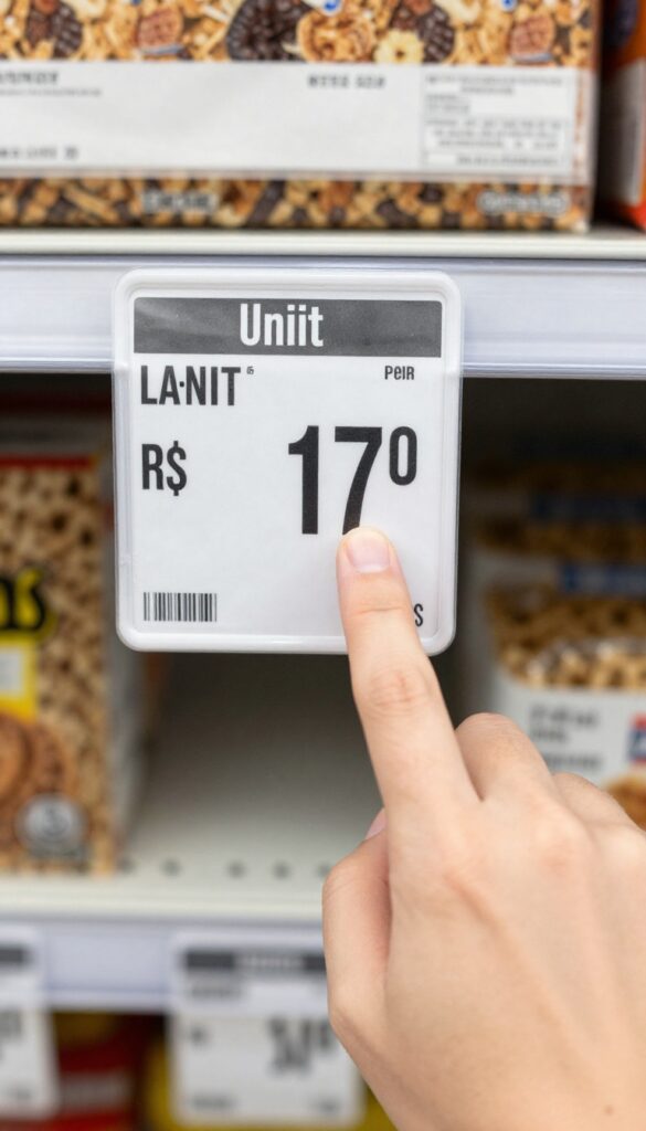 Person comparing unit prices on a grocery shelf tag