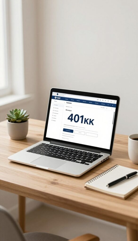 A desk setup with a laptop displaying a retirement savings dashboard, coffee, and a plant, representing automated 401(k) contributions.